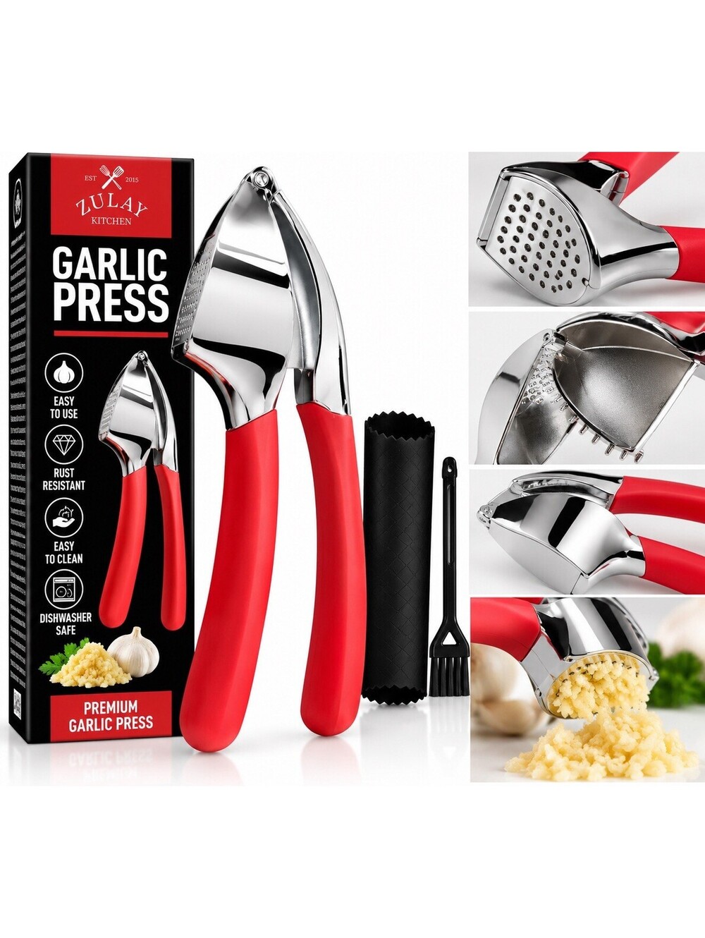 ❤️ Zulay Kitchen Premium Garlic Press – Chrome & Red – Heavy Duty
